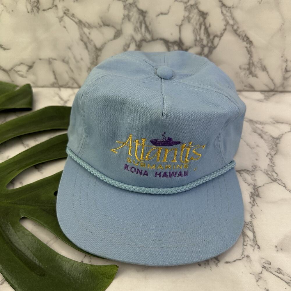 Vintage 90s Atlantis Submarine Kona Hawaii Rope Trim Hat Pastel Blue Embroidered